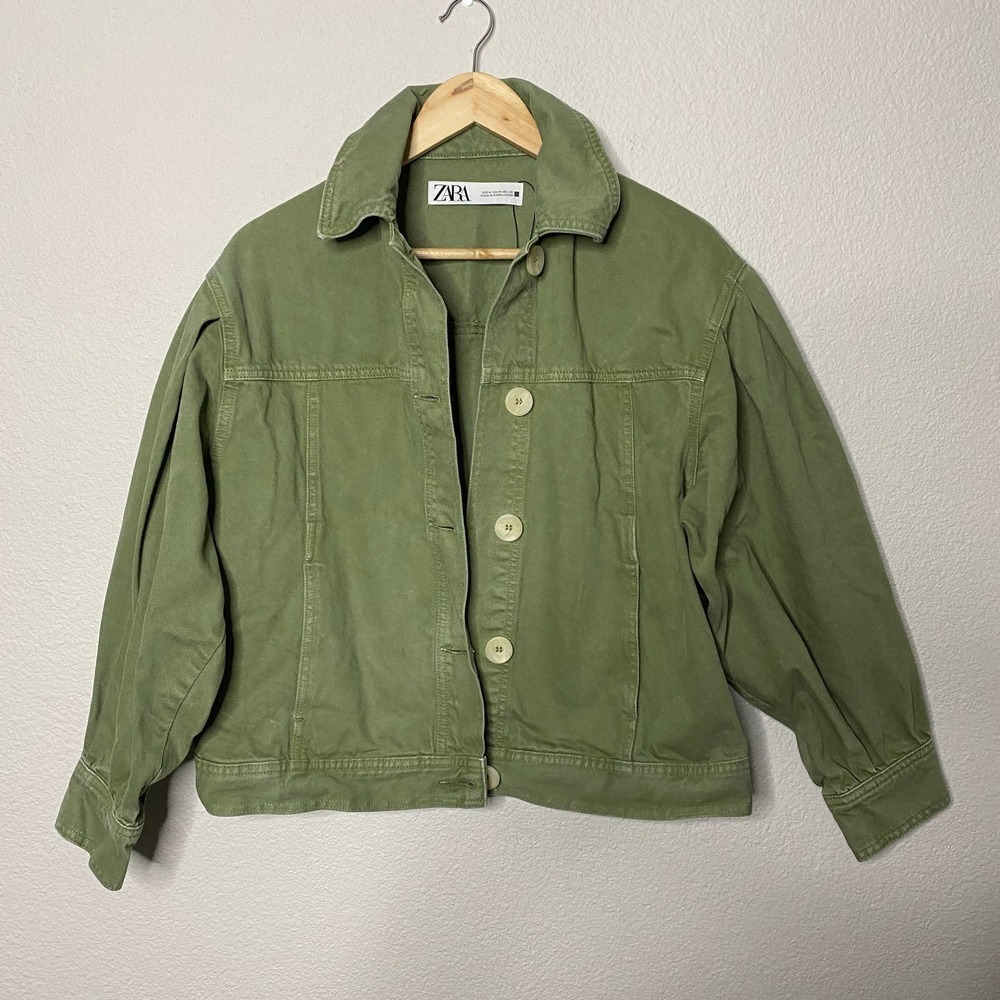Zara Army Green‎ Cropped Boxy Lightweight Button Up Jacket - Picture 2 of 6